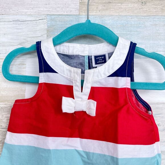 Janie & Jack Striped Split Neck Top Blue Red White Bow Baby Girl 6-12 Month - Picture 2 of 6